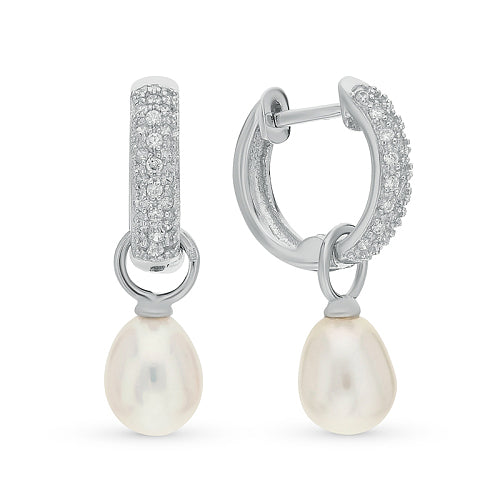 Pearl Dangle Hoop Earrings with Cubic Zirconias Rhodium Plated
