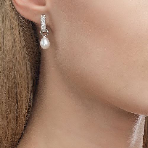 Pearl Dangle Hoop Earrings with Cubic Zirconias Rhodium Plated